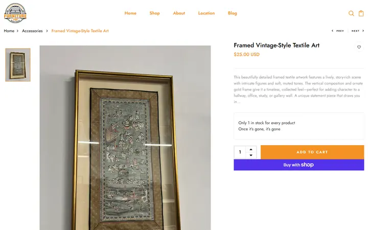 Website page titled Framed Vintage-Style Textile Art