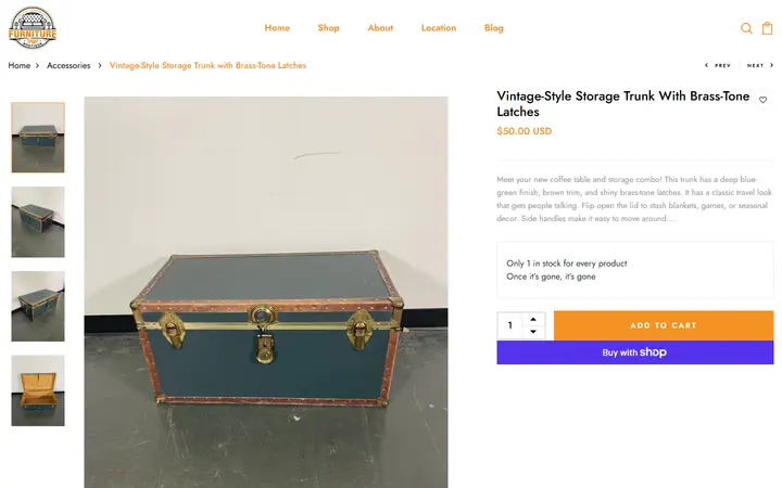 Website page titled Vintage-Style Storage Trunk with Brass-Tone Latches