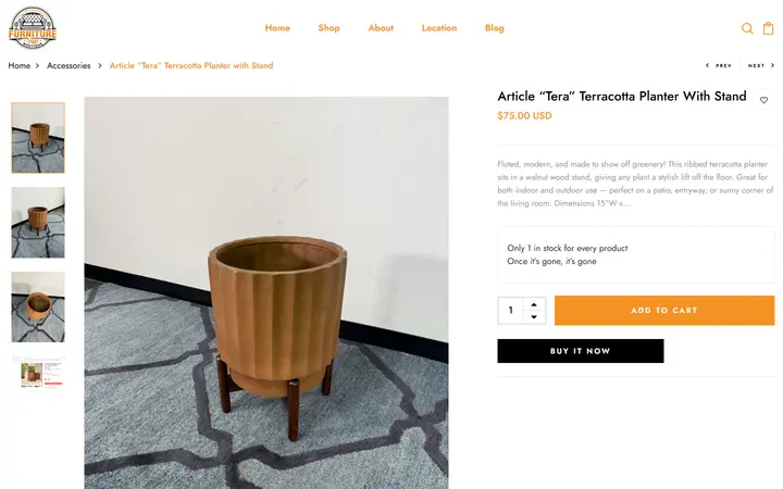 Website page titled Article “Tera” Terracotta Planter with Stand