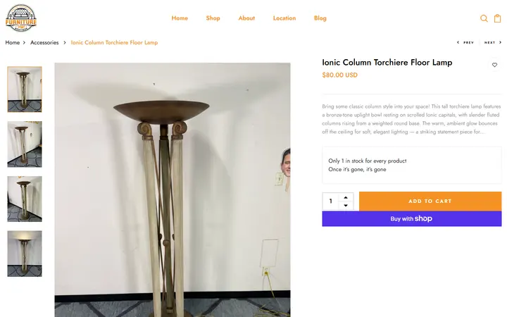 Website page titled Ionic Column Torchiere Floor Lamp