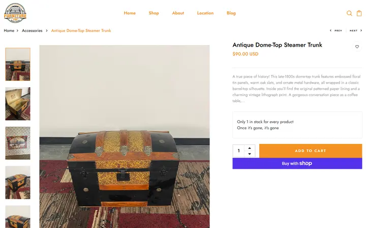 Website page titled Antique Dome-Top Steamer Trunk