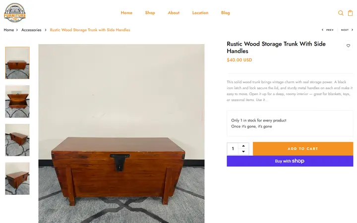 Website page titled Rustic Wood Storage Trunk with Side Handles