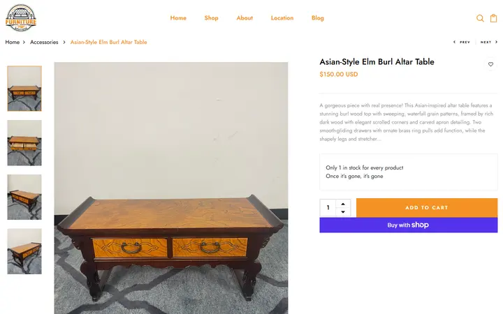 Website page titled Asian-Style Elm Burl Altar Table