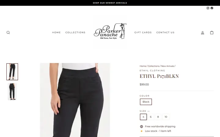 Website page titled Ethyl P171BLKN – Parker Panache