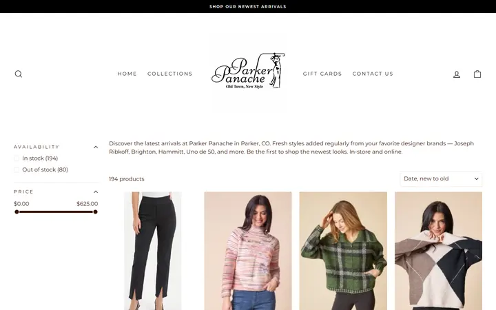 Website page titled New Arrivals | Parker Panache | Parker, CO