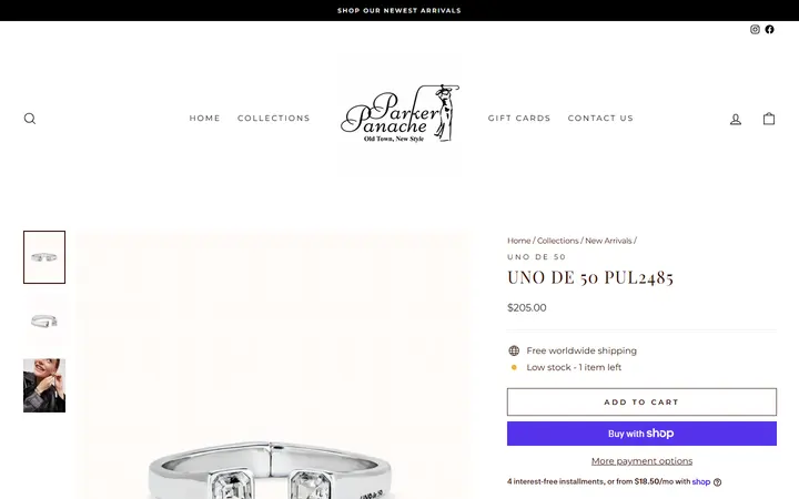 Website page titled Uno de 50 PUL2485 – Parker Panache