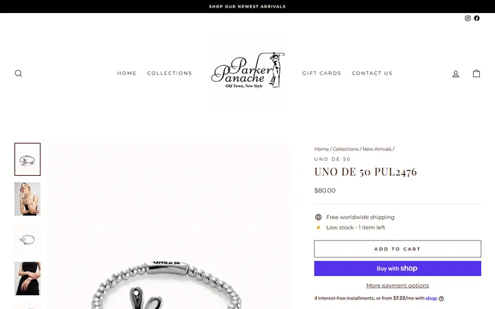 Website page titled Uno de 50 PUL2476 – Parker Panache